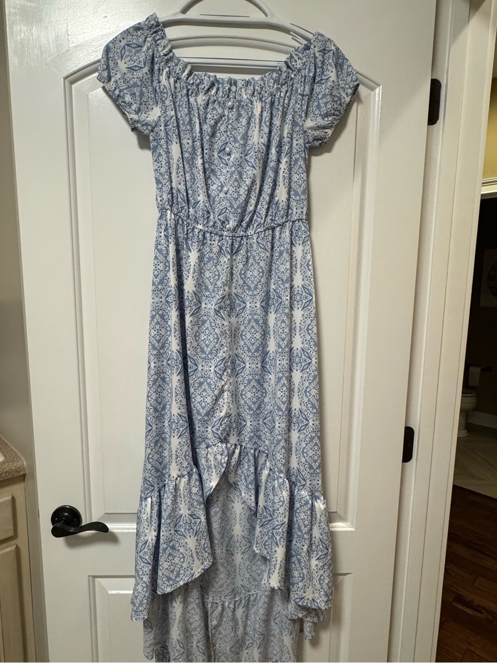 Blue Printed Off-Shoulder Maxi Dress